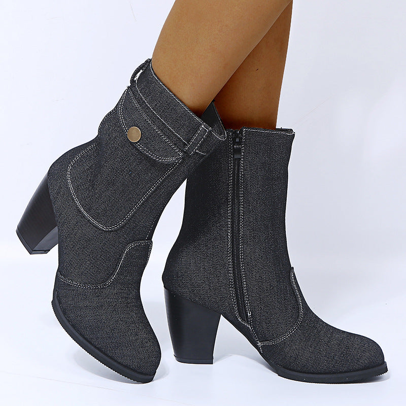 High-heeled Denim Mid-leg Boots For Women - Veloura