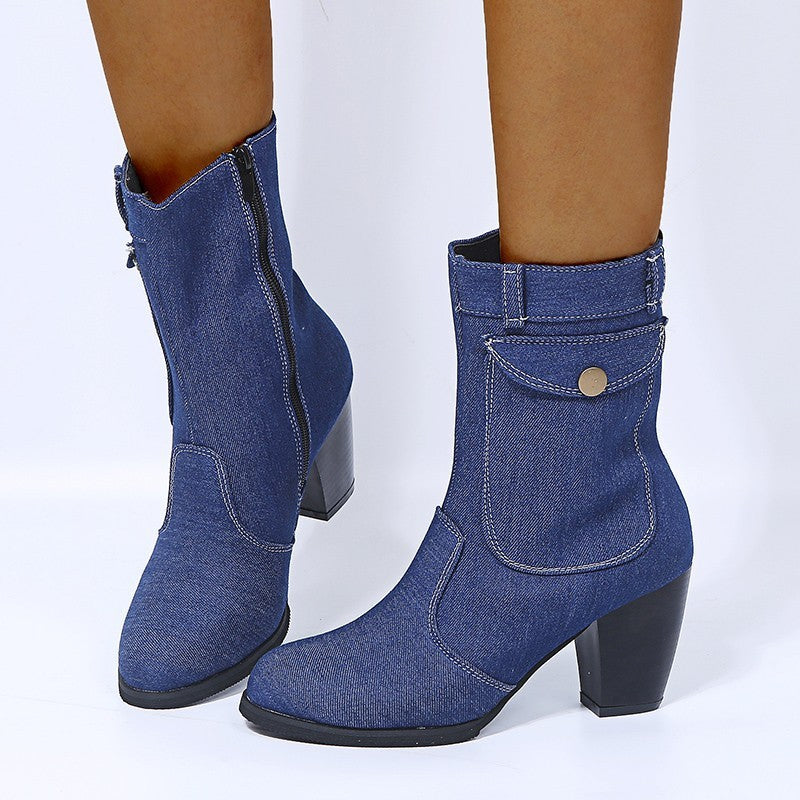 High-heeled Denim Mid-leg Boots For Women - Veloura