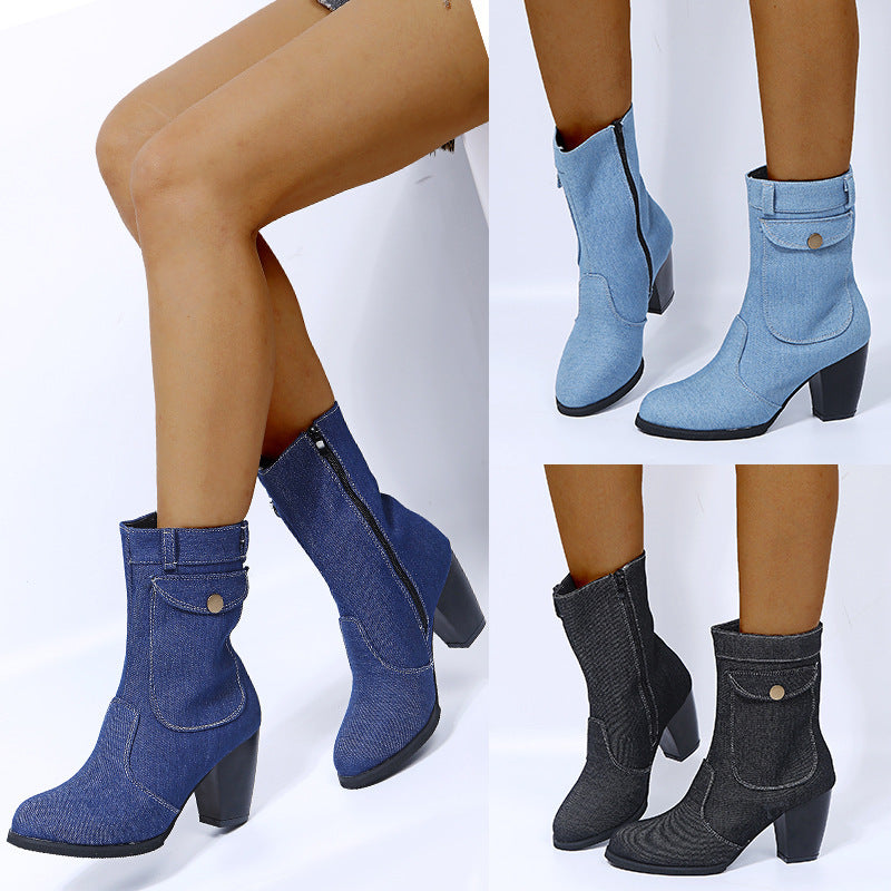 High-heeled Denim Mid-leg Boots For Women - Veloura