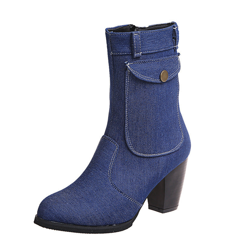 High-heeled Denim Mid-leg Boots For Women - Veloura