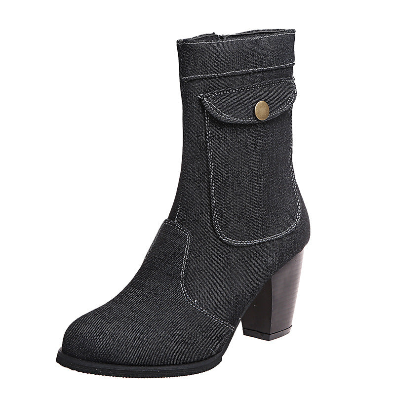 High-heeled Denim Mid-leg Boots For Women - Veloura