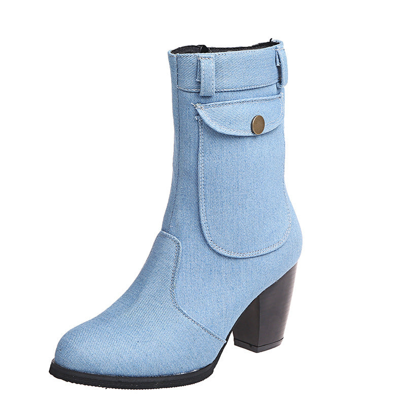 High-heeled Denim Mid-leg Boots For Women - Veloura