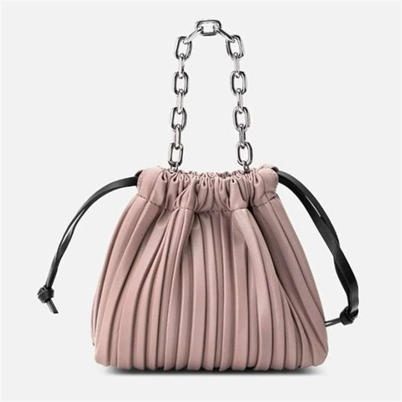 Veloura's Stitching Ruffled Drawstring Bucket Bag Women's Shoulder Diagonal Womens Bag