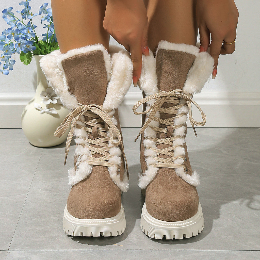 Veloura's Winter Lace-up Snow Boots For Women Mid-tube Fleece Shoes Warm Chunky Heels Plush Boot