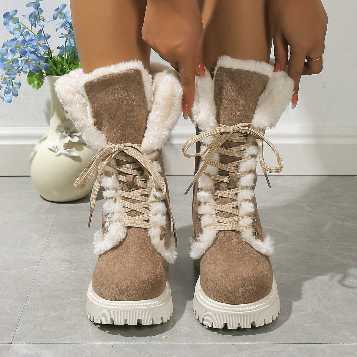 Veloura's Winter Lace-up Snow Boots For Women Mid-tube Fleece Shoes Warm Chunky Heels Plush Boot