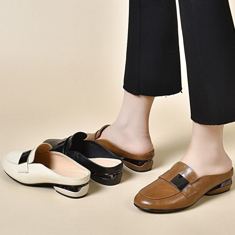 Veloura's Solid Color Round Toe Low-top Women's Leather Shoes