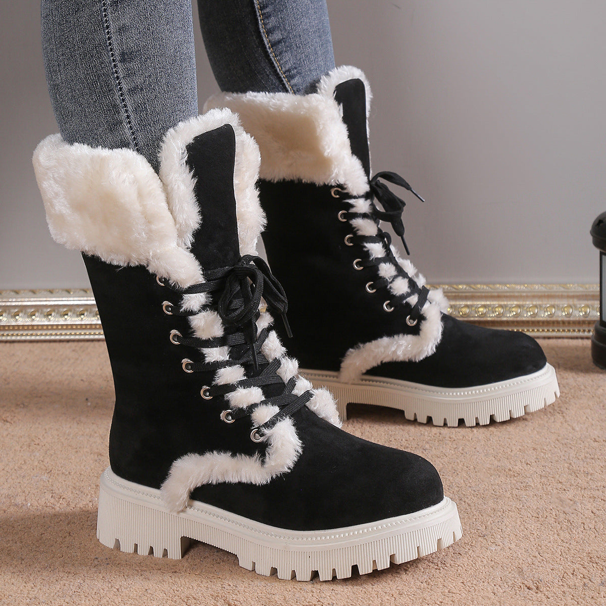 Veloura's Winter Lace-up Snow Boots For Women Mid-tube Fleece Shoes Warm Chunky Heels Plush Boot