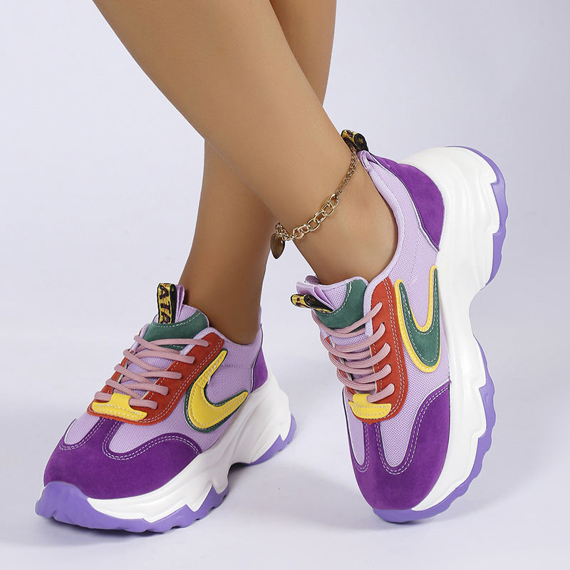 Veloura's Mixed-color Lace -up Sneakers For Women Fashion Casual Lightweight Thick Bottom Running Sports Shoes