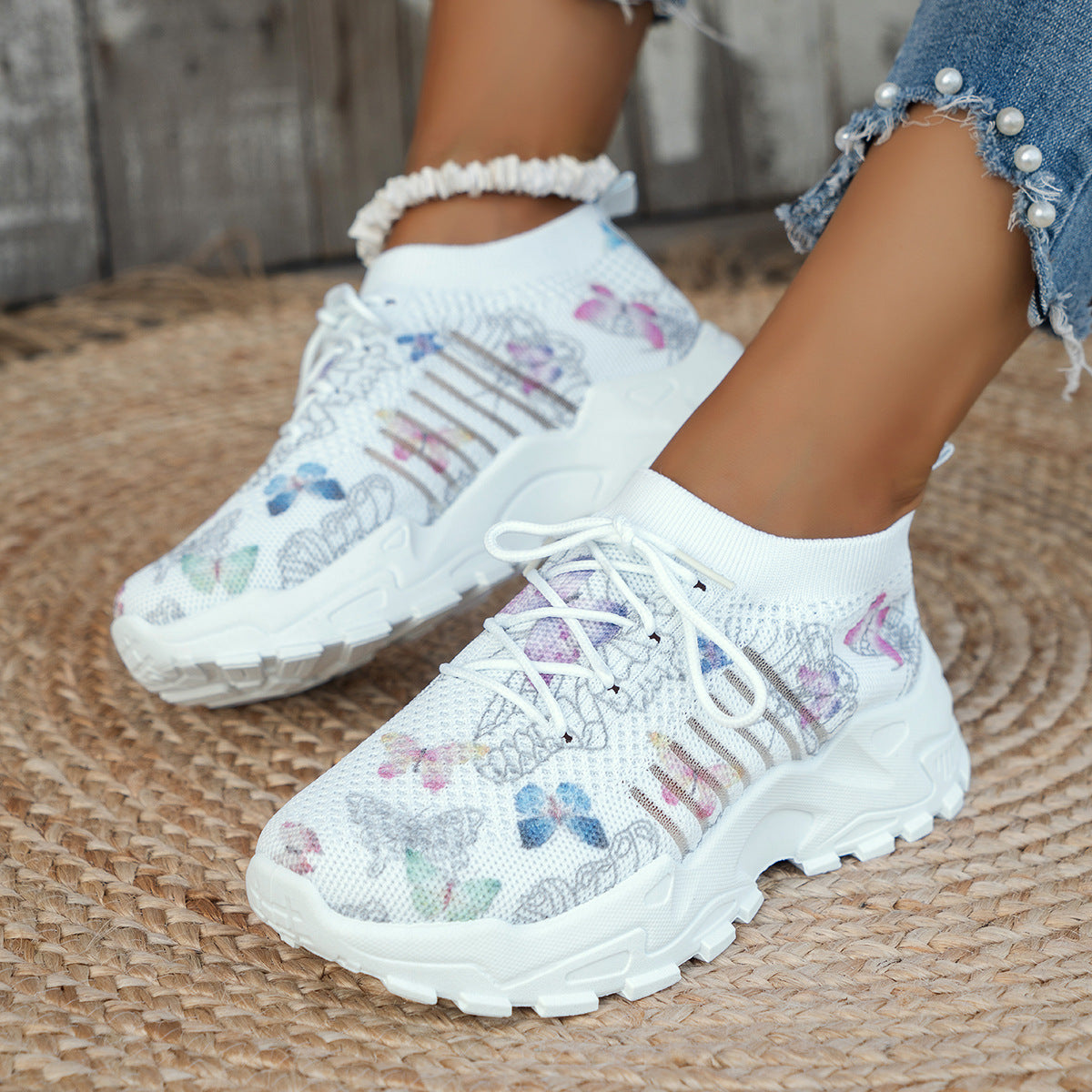 Veloura's Butterfly Print Mesh Women's Flat Heel Casual Shoes Fashion Running Jogging Walking Sports Shoes