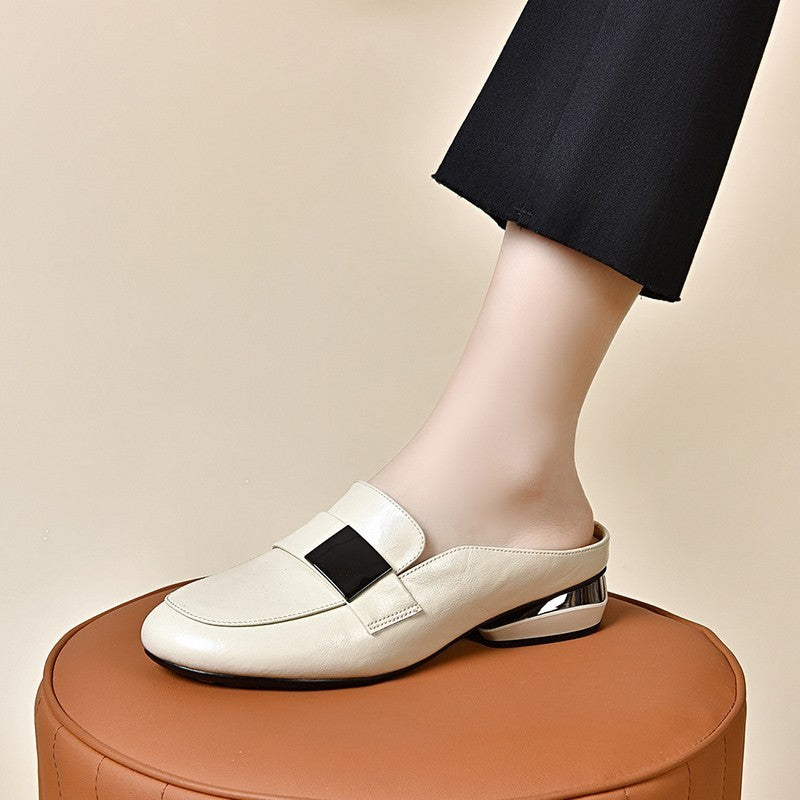 Veloura's Solid Color Round Toe Low-top Women's Leather Shoes