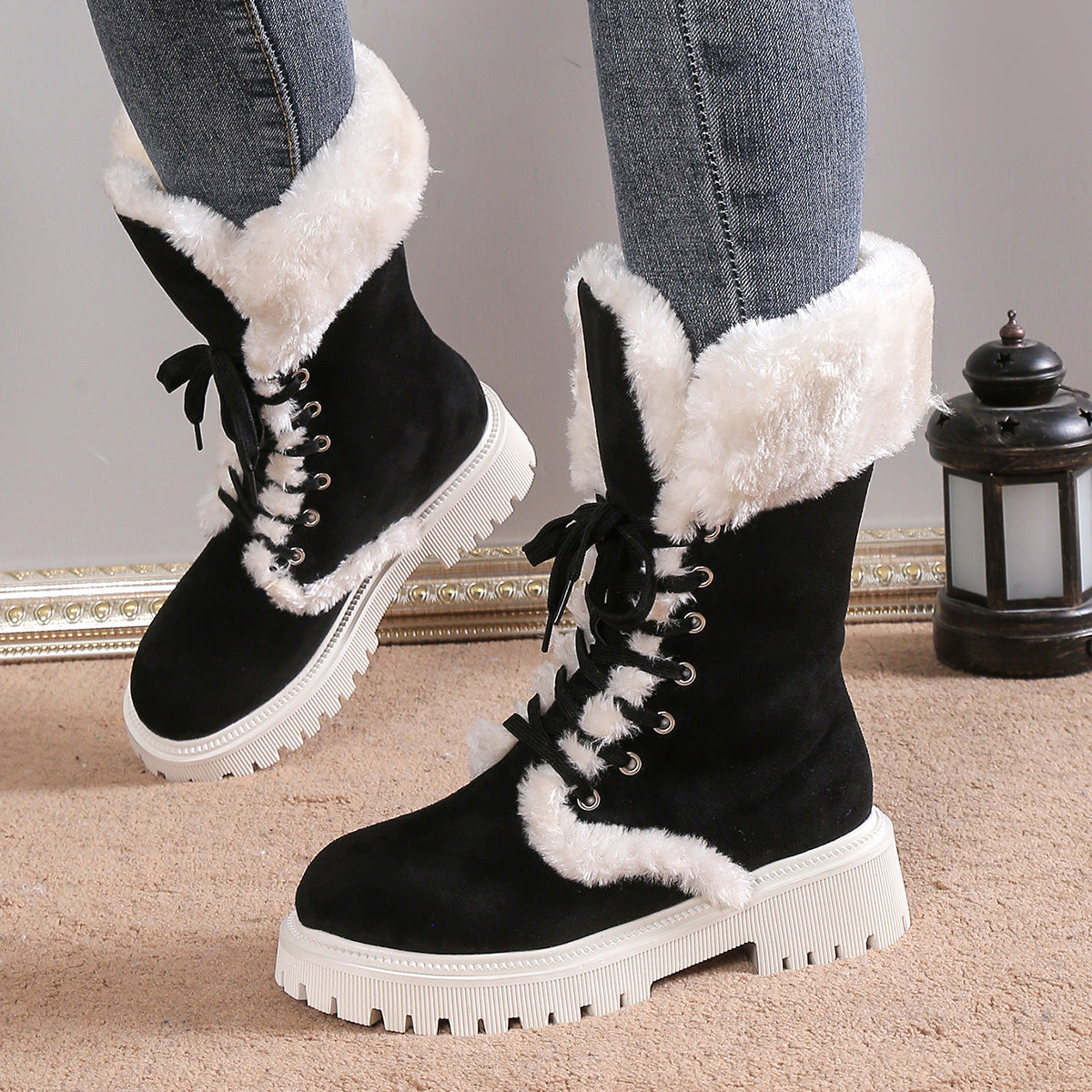 Veloura's Winter Lace-up Snow Boots For Women Mid-tube Fleece Shoes Warm Chunky Heels Plush Boot