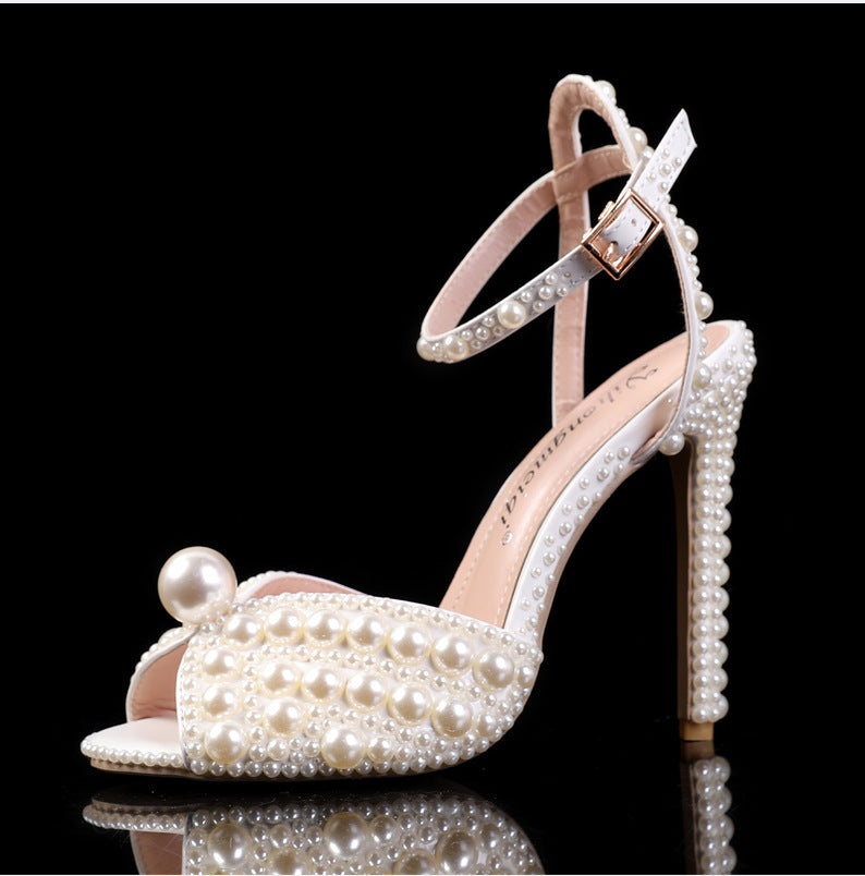 Veloura New Peep-toe Shallow Mouth Rhinestone Pearl Woman High-heeled Shoes