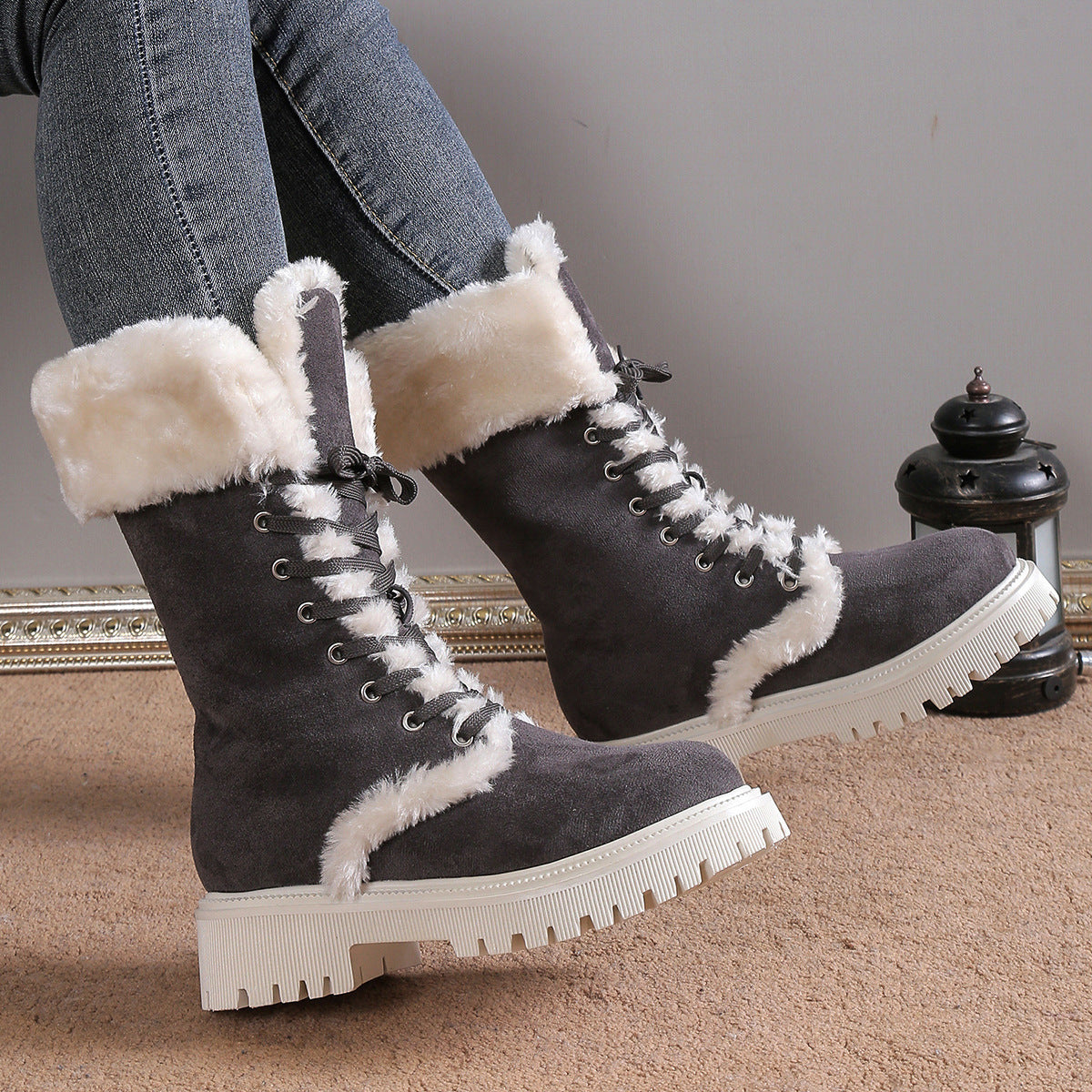 Veloura's Winter Lace-up Snow Boots For Women Mid-tube Fleece Shoes Warm Chunky Heels Plush Boot